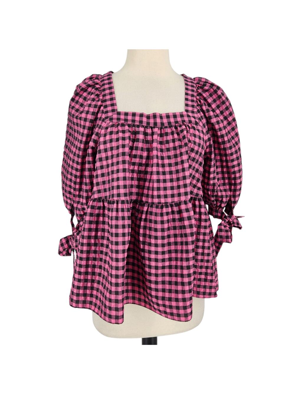 TopShop Feminine Gingham Checkered Blouse Puff Bow Sleeves Black Pink Size 2